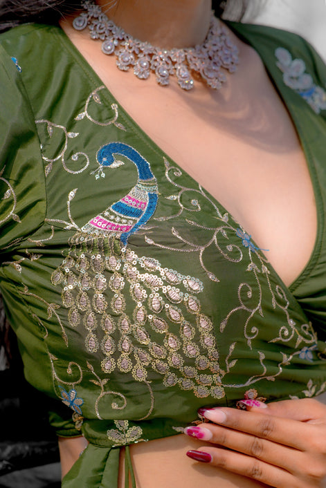 Olive Green Embroidered Silk Lehenga