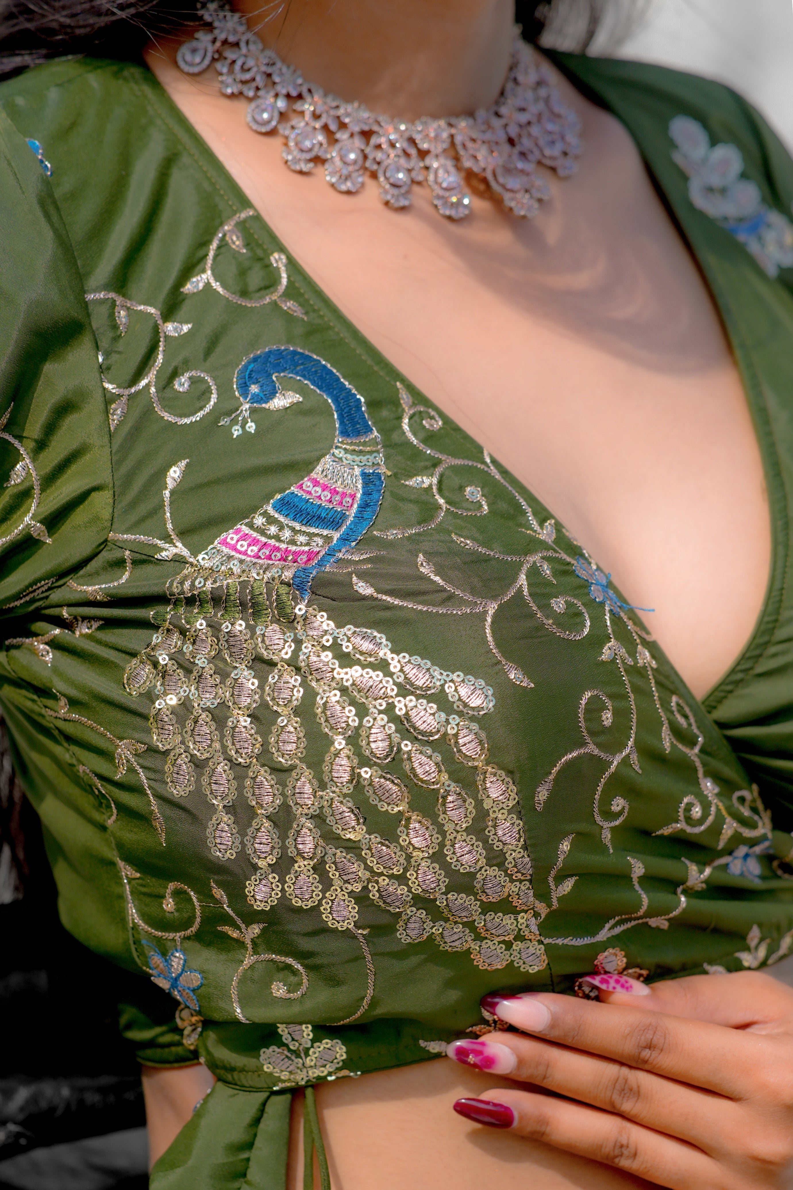 Olive Green Embroidered Silk Lehenga