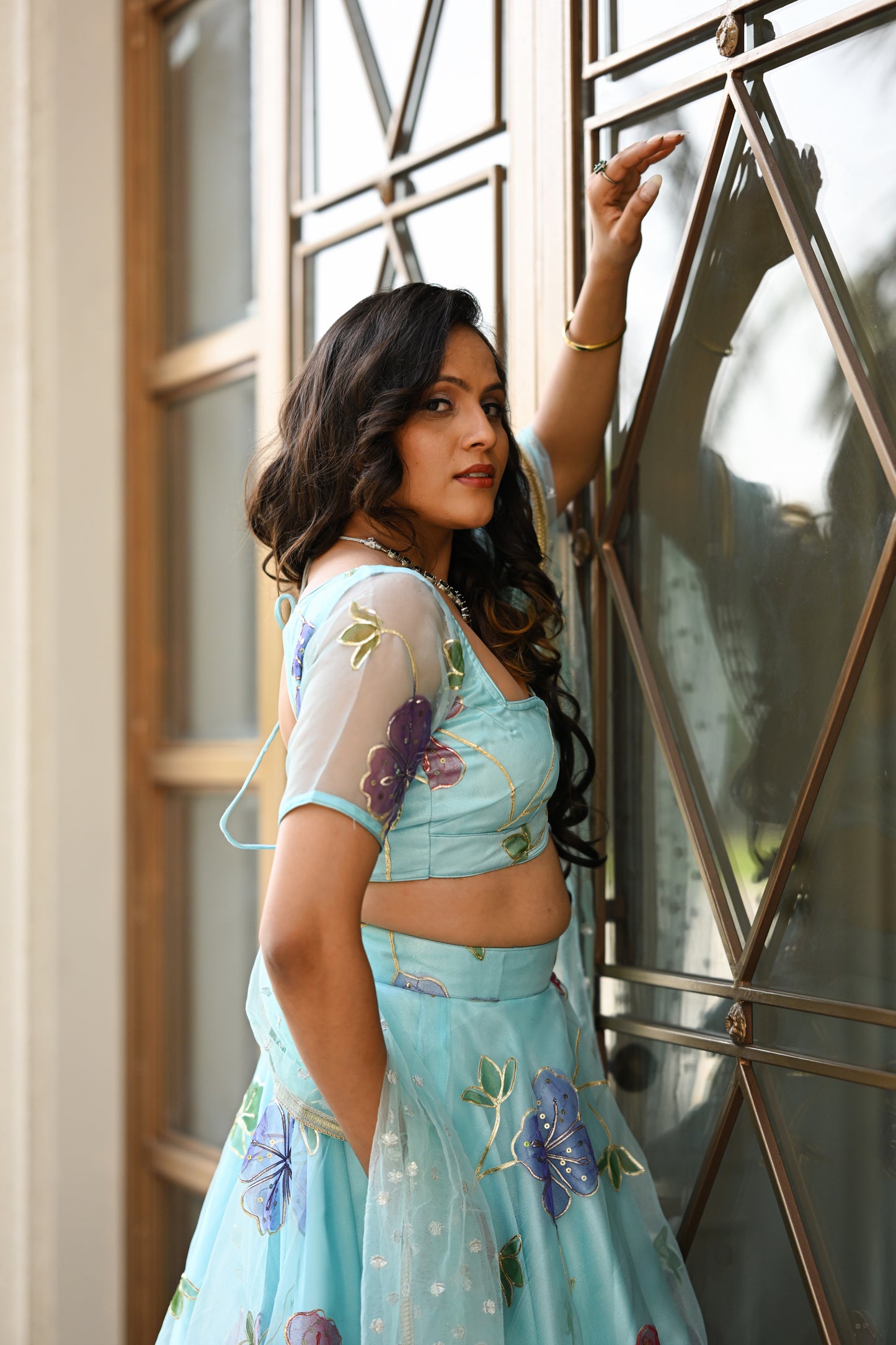Light Blue Multicolor Floral Embroidered Organza Lehenga