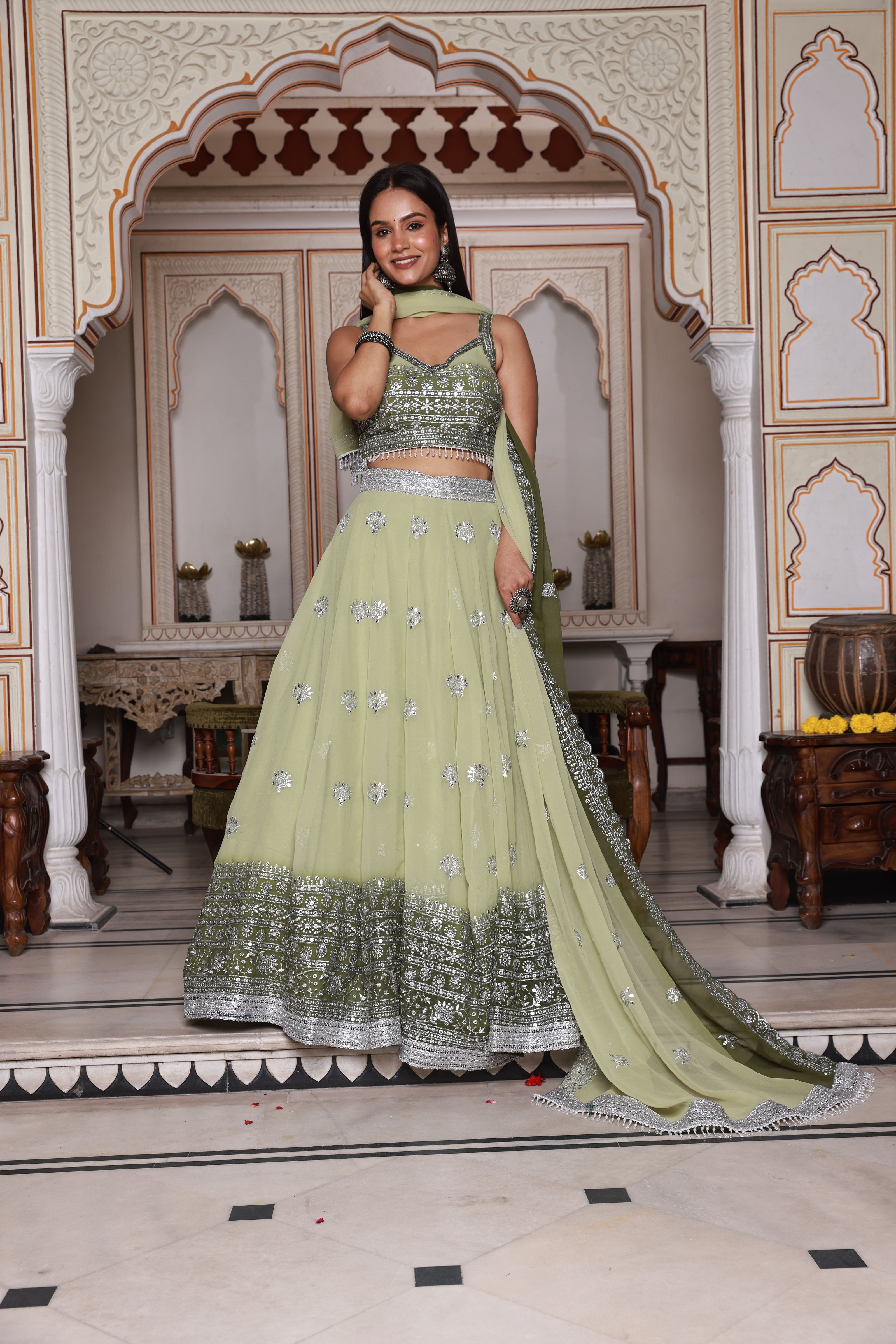 Light Green and Green Embroidered Georgette Lehenga