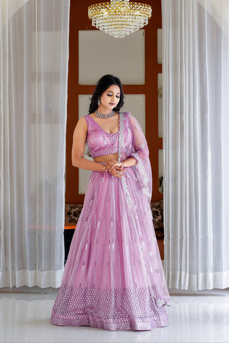 Dusty Lilac Embroidered Chiffon Lehenga