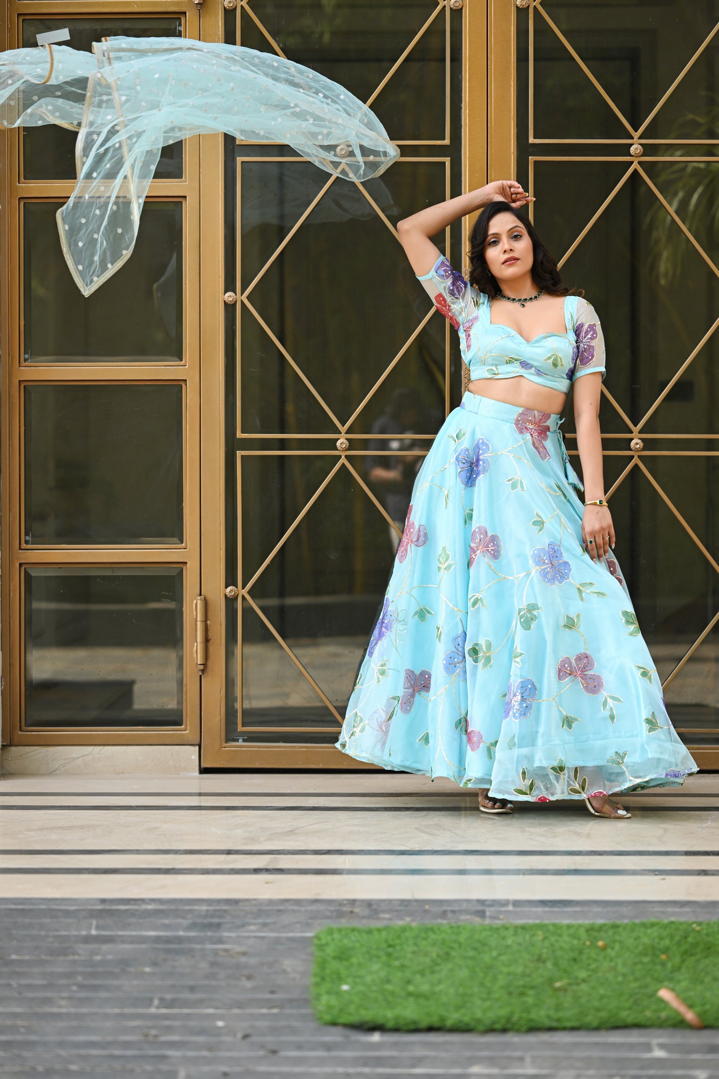 Light Blue Multicolor Floral Embroidered Organza Lehenga