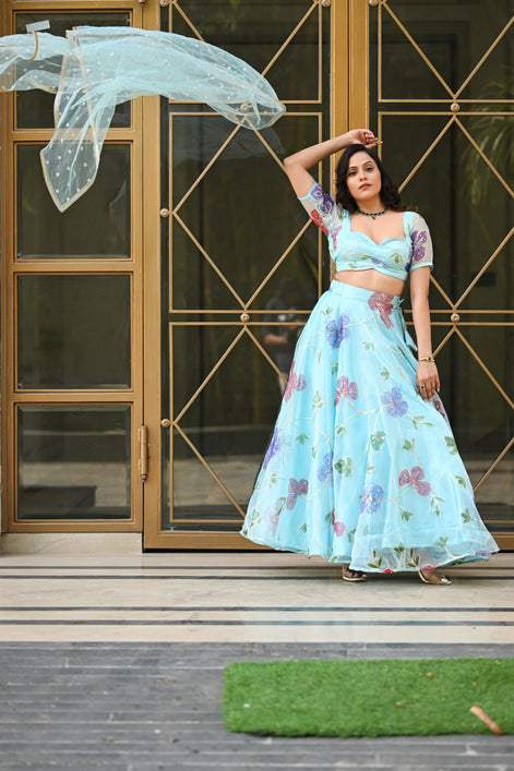 Light Blue Multicolor Floral Embroidered Organza Lehenga