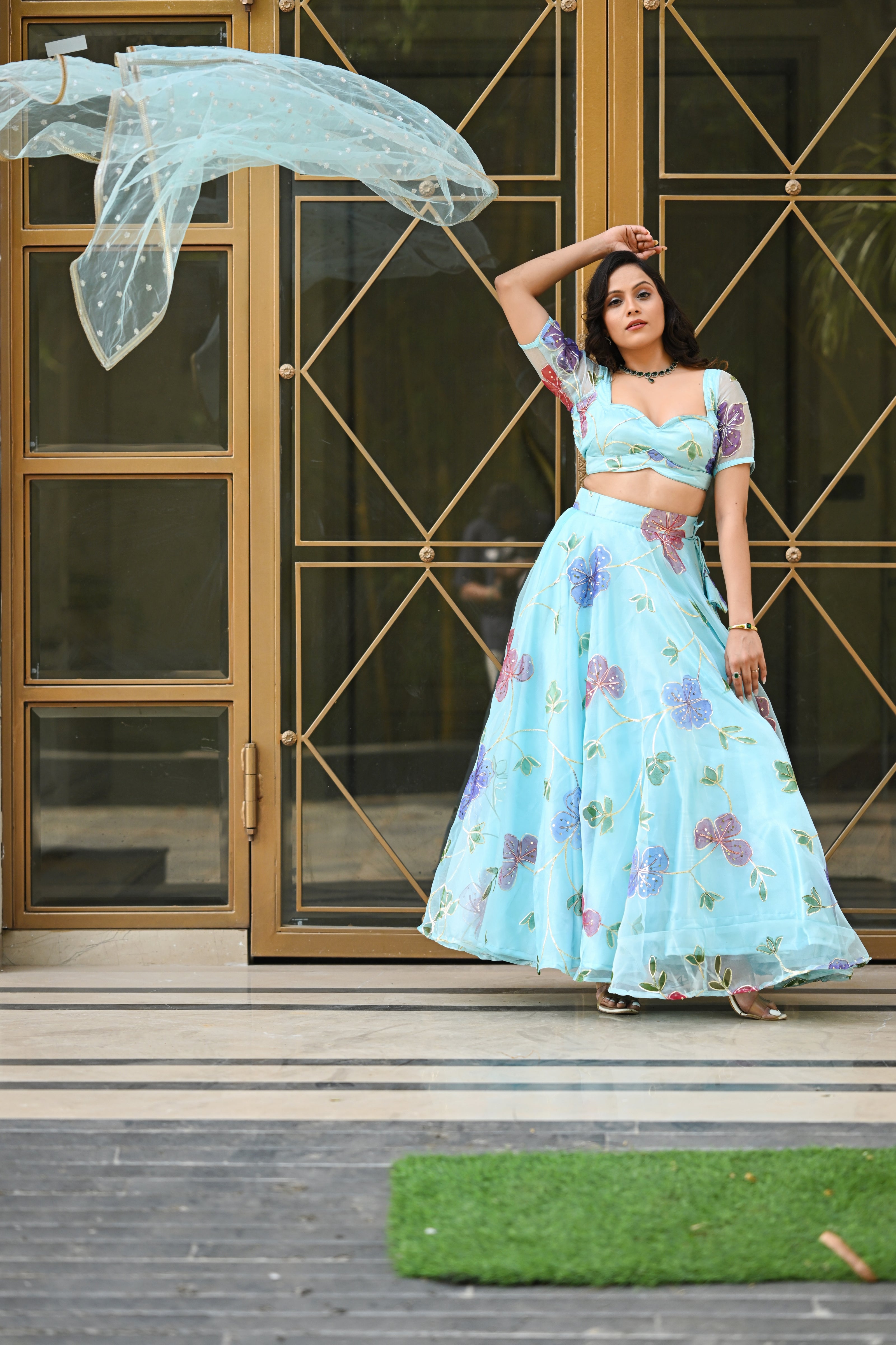 Light Blue Multicolor Floral Embroidered Organza Lehenga