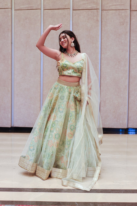 Mint Green Multicolor Floral Embroidered Net Lehenga