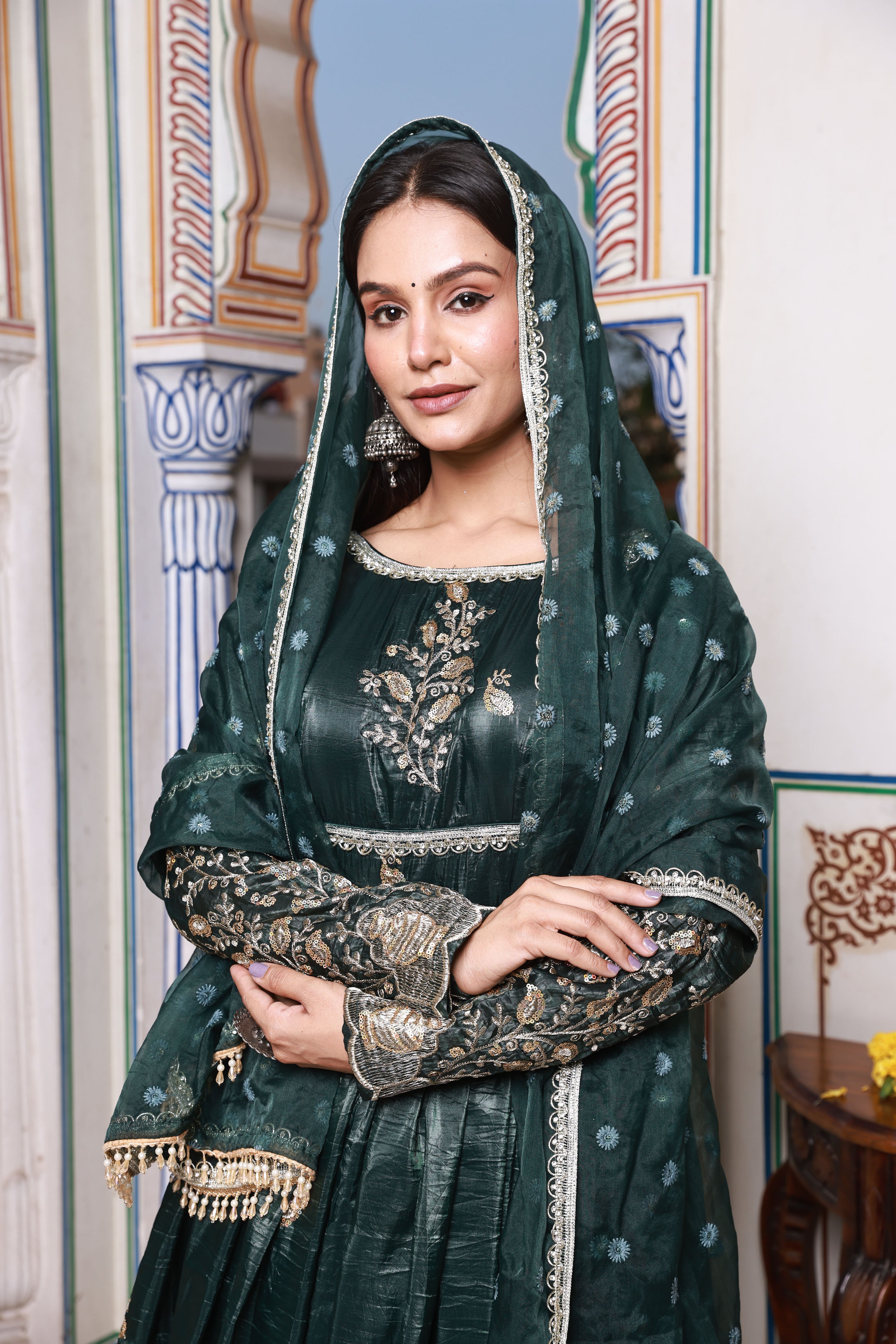 Midnight Green Embroidered Pant-Style Silk Anarkali