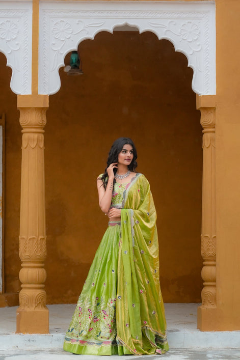 Apple Green Hand Embroidered Silk Lehenga