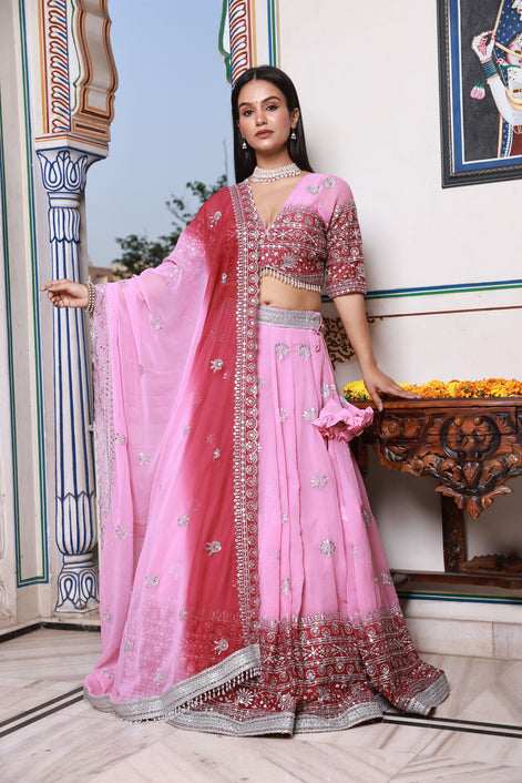 Pink and Red Embroidered Georgette Lehenga