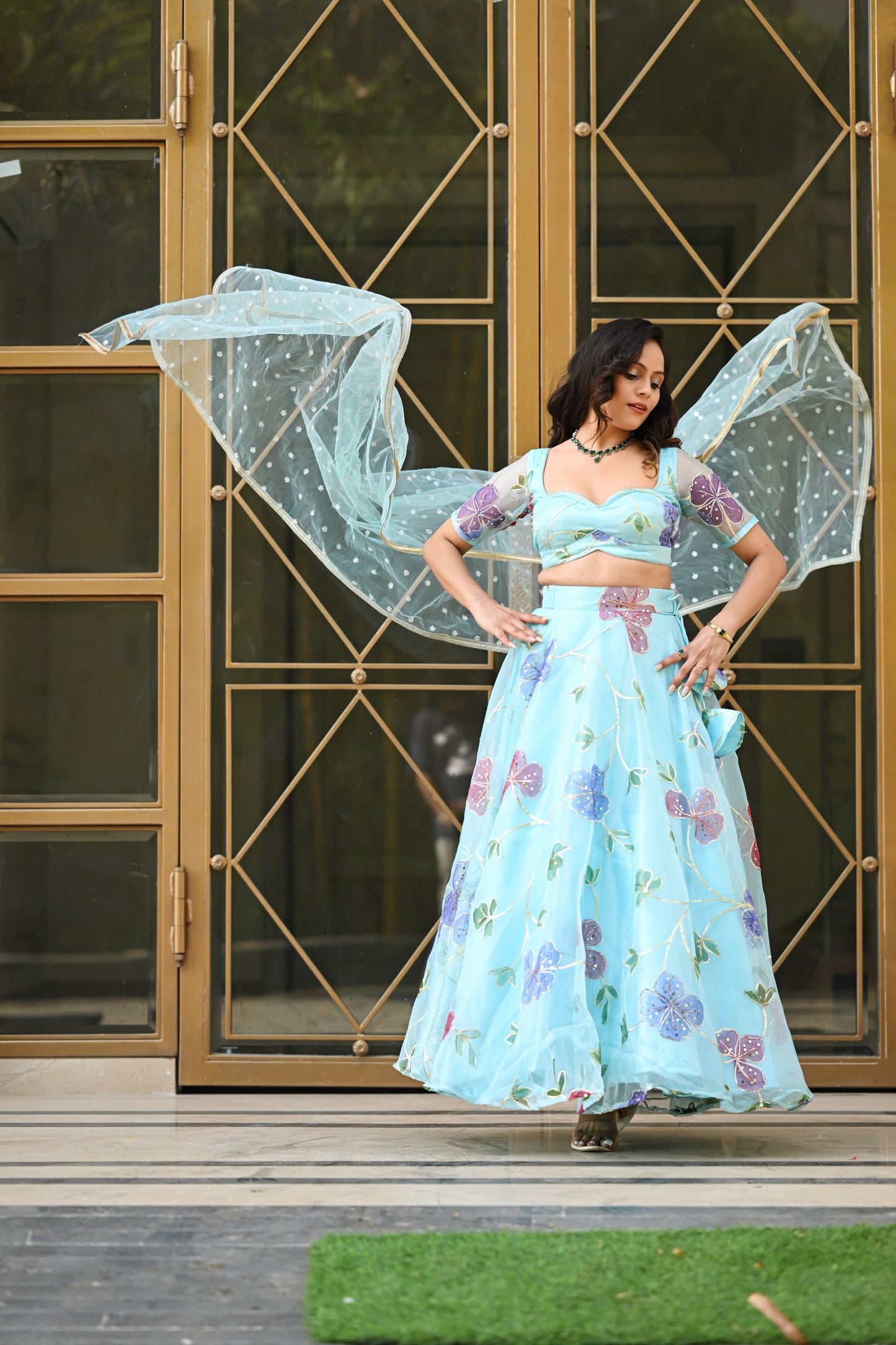 Light Blue Multicolor Floral Embroidered Organza Lehenga