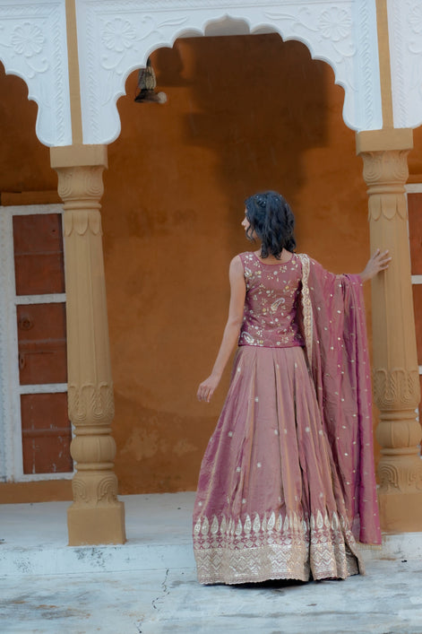 Purple Hand Embroidery Silk Lehenga