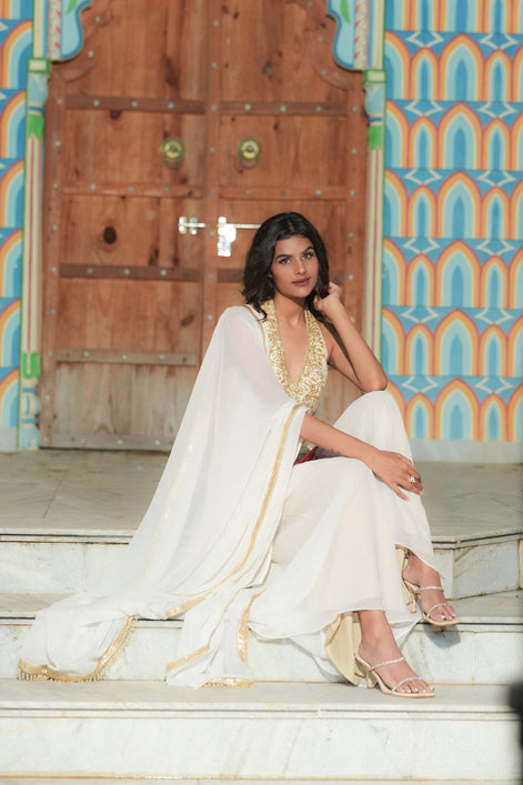 Cream Dual-Tone Hand Embroidered Banarasi Silk Palazzo Suit