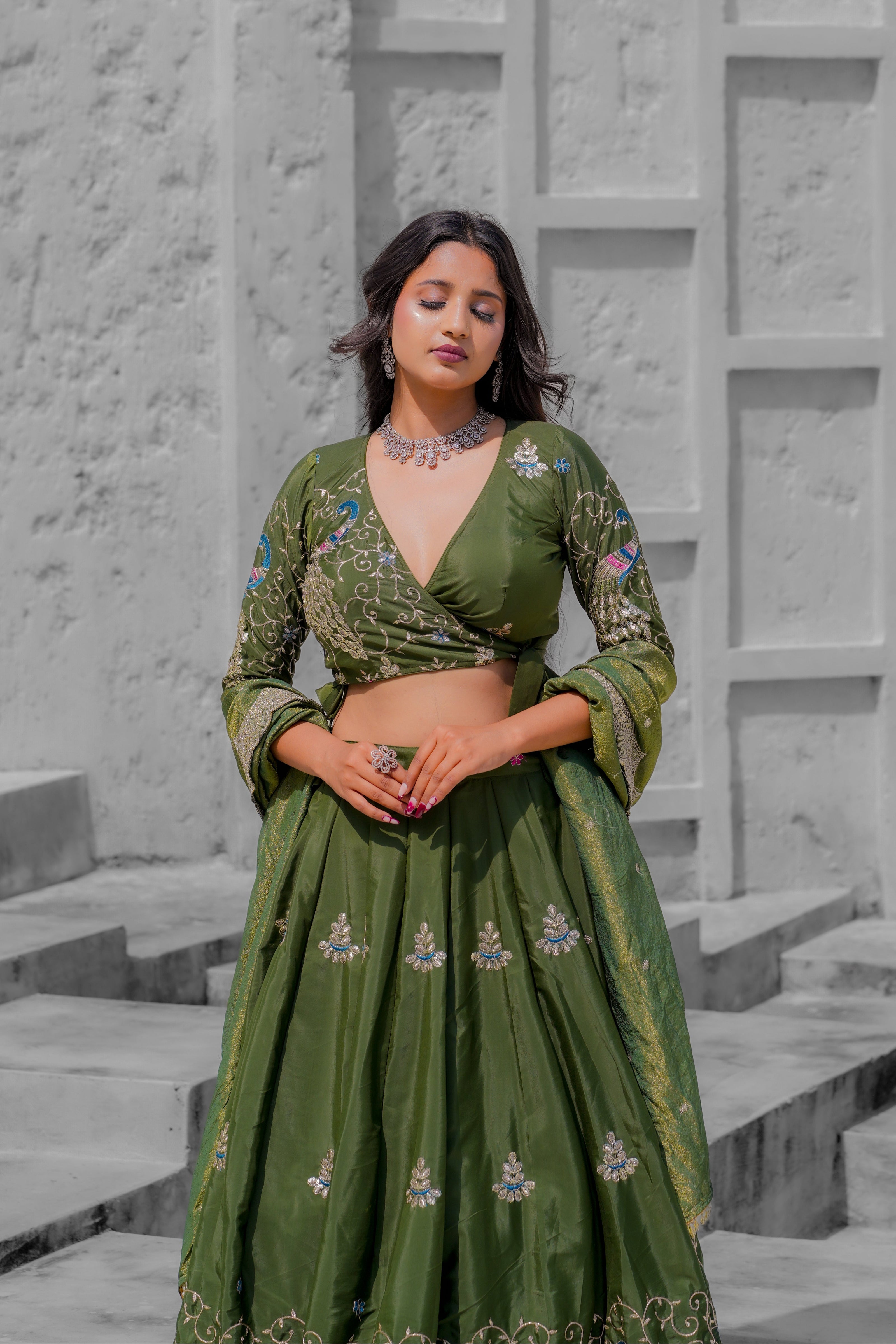 Olive Green Embroidered Silk Lehenga