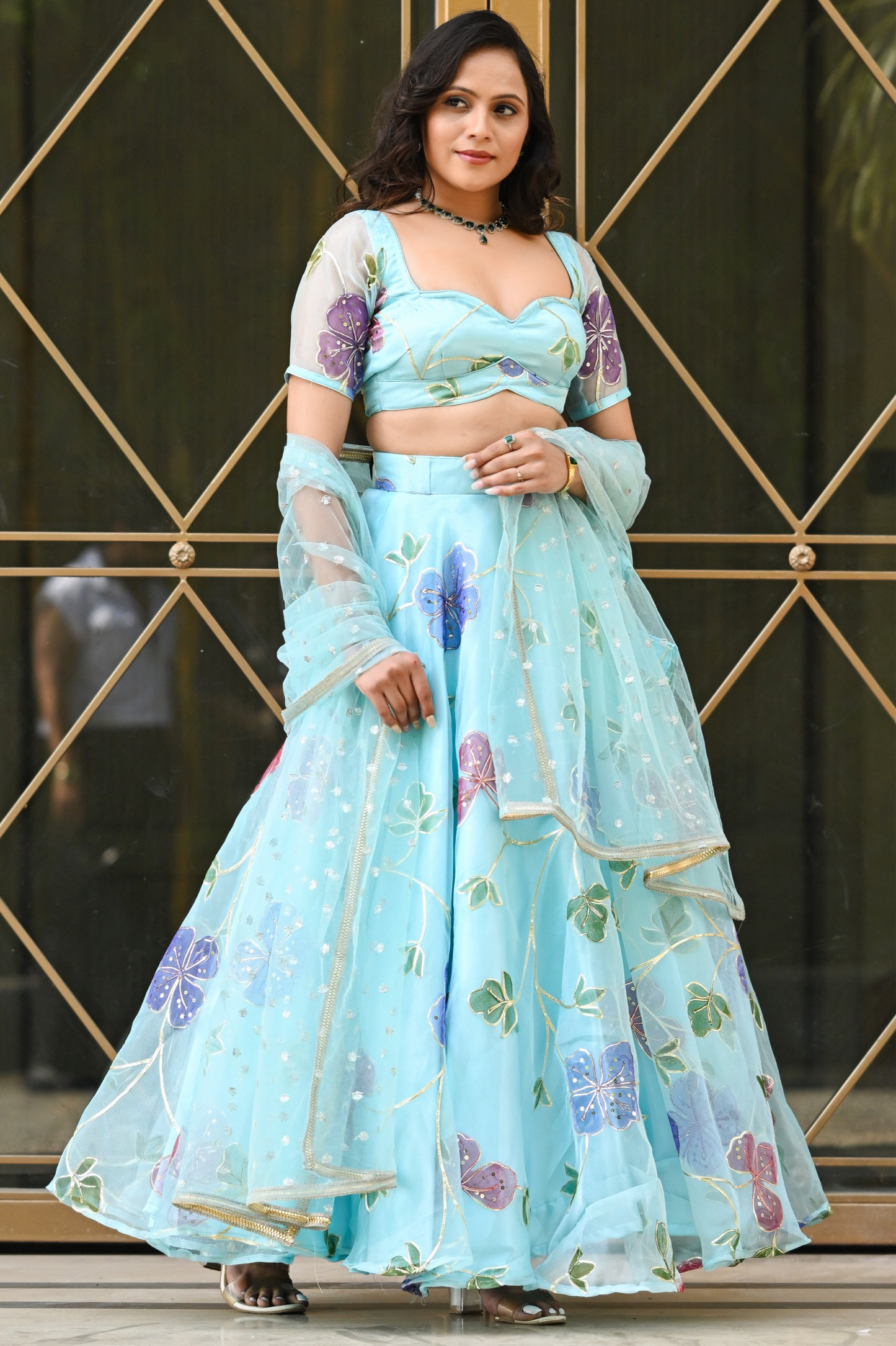 Light Blue Multicolor Floral Embroidered Organza Lehenga