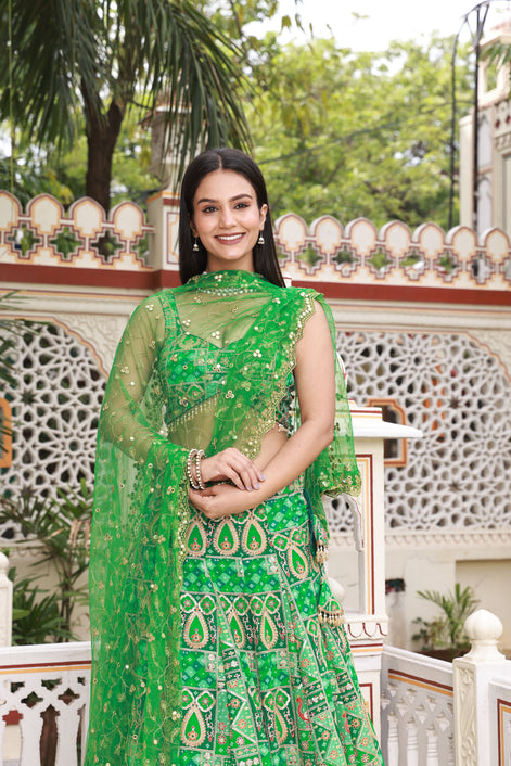 Kelly Green Embroidered Silk Lehenga