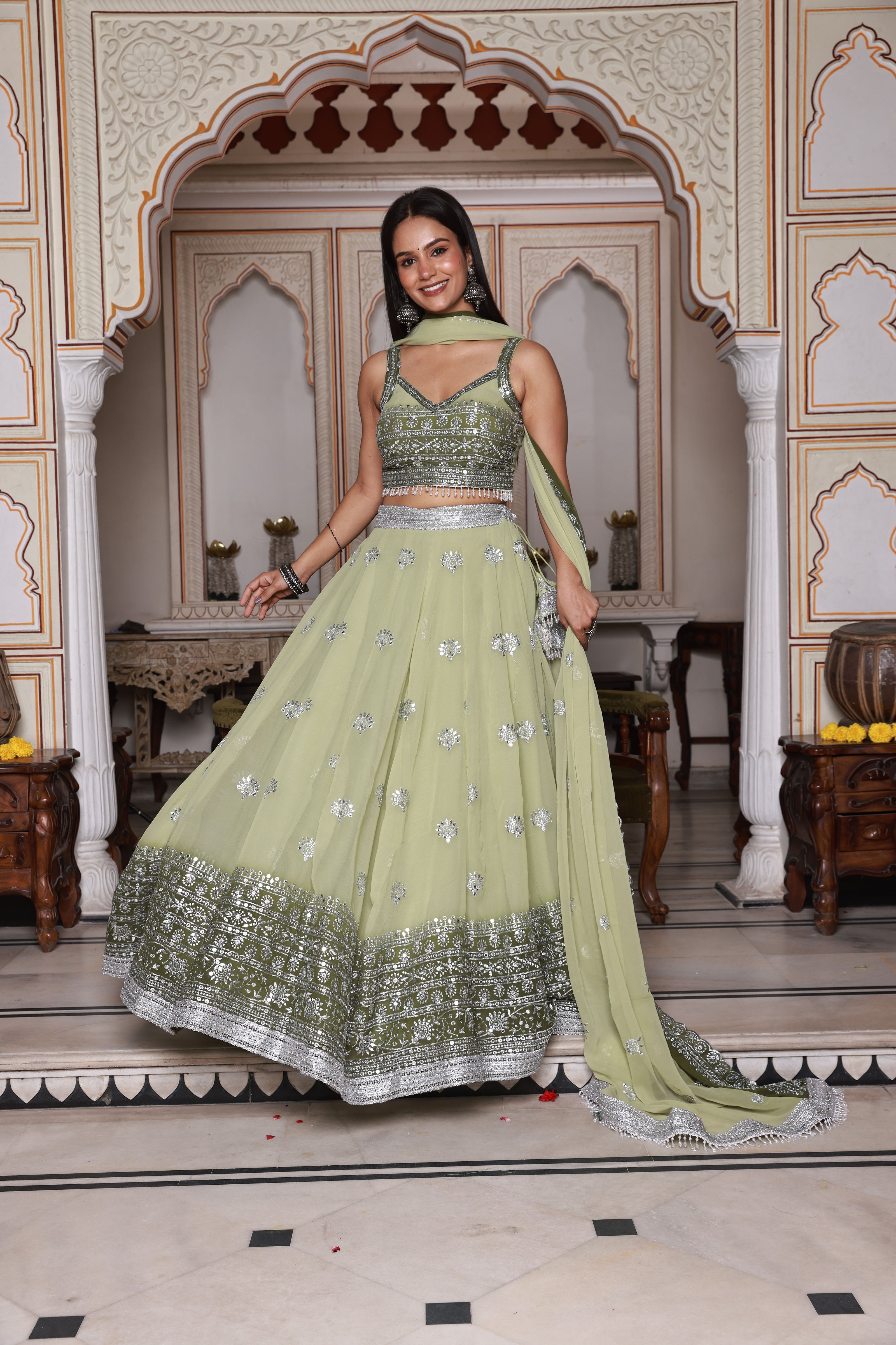 Light Green and Green Embroidered Georgette Lehenga