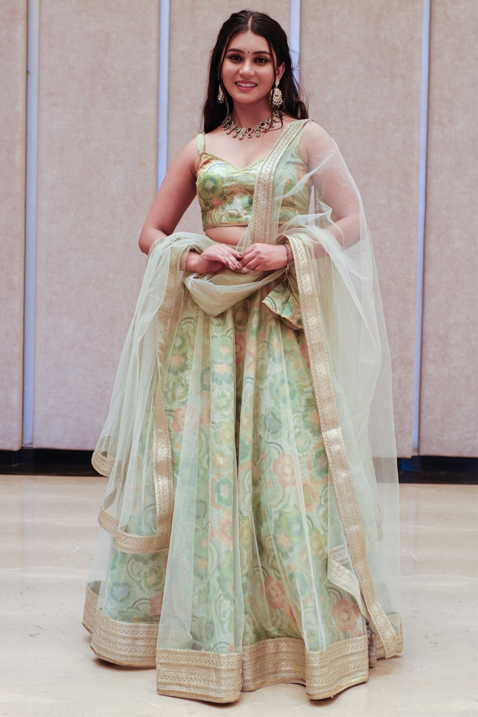 Mint Green Multicolor Floral Embroidered Net Lehenga