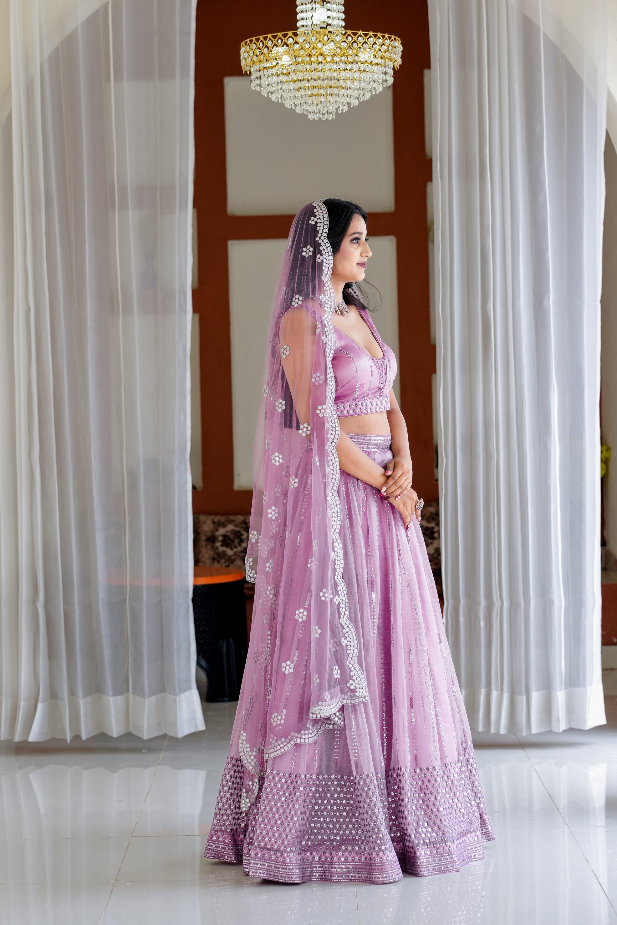 Dusty Lilac Embroidered Chiffon Lehenga