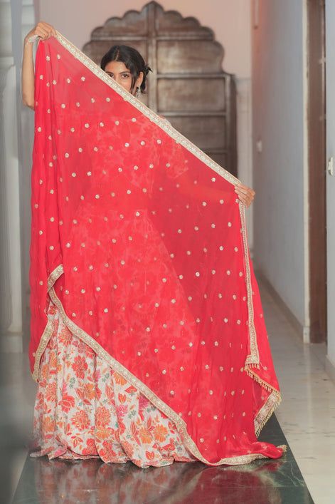 White Multicolor Floral Embroidered Silk Lehenga