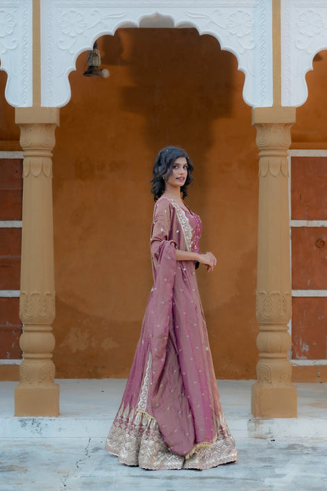 Purple Hand Embroidery Silk Lehenga