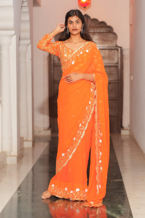 Orange Hand Embroidery Georgette Saree
