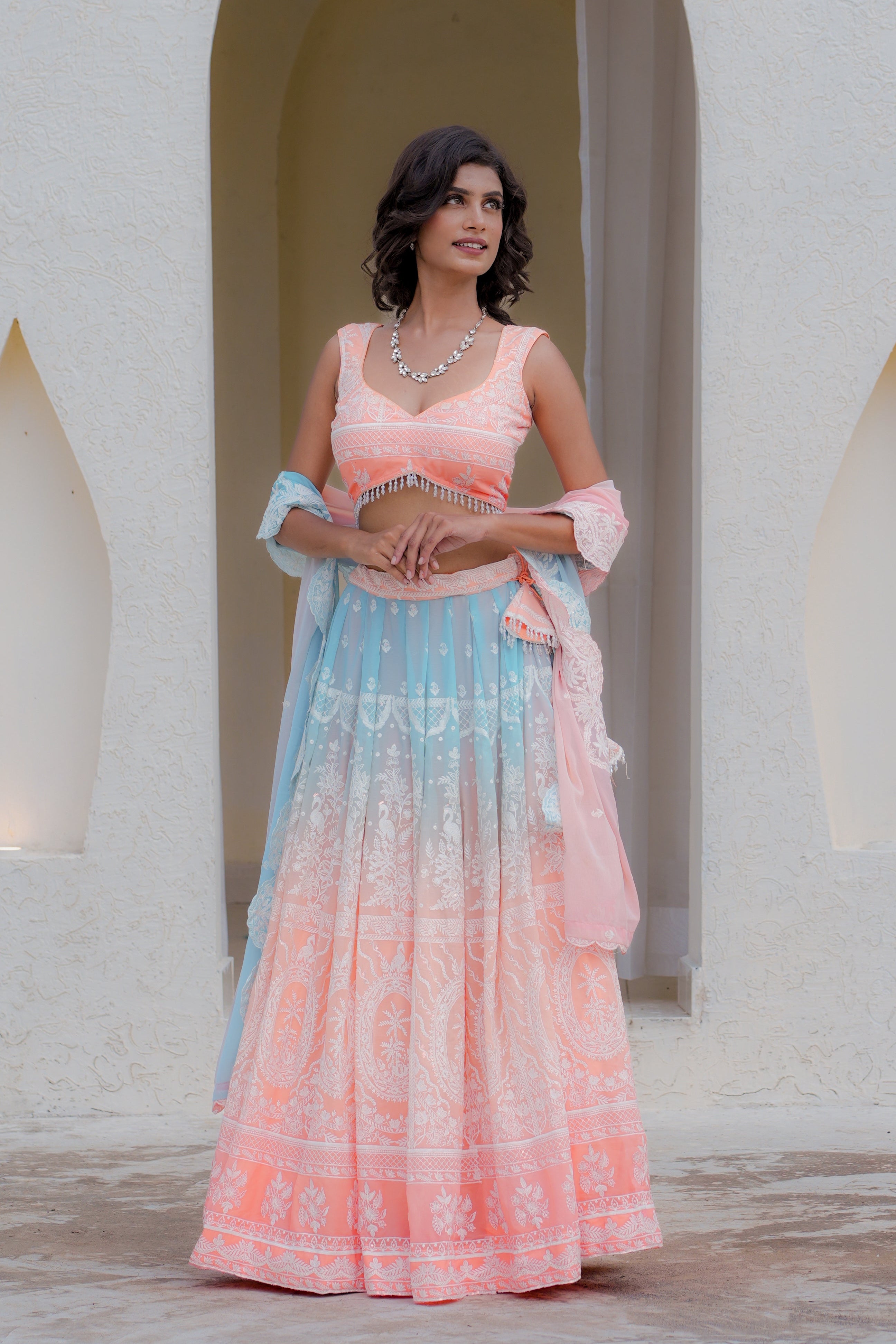 Multicolor Blend Embroidered Georgette Lehenga