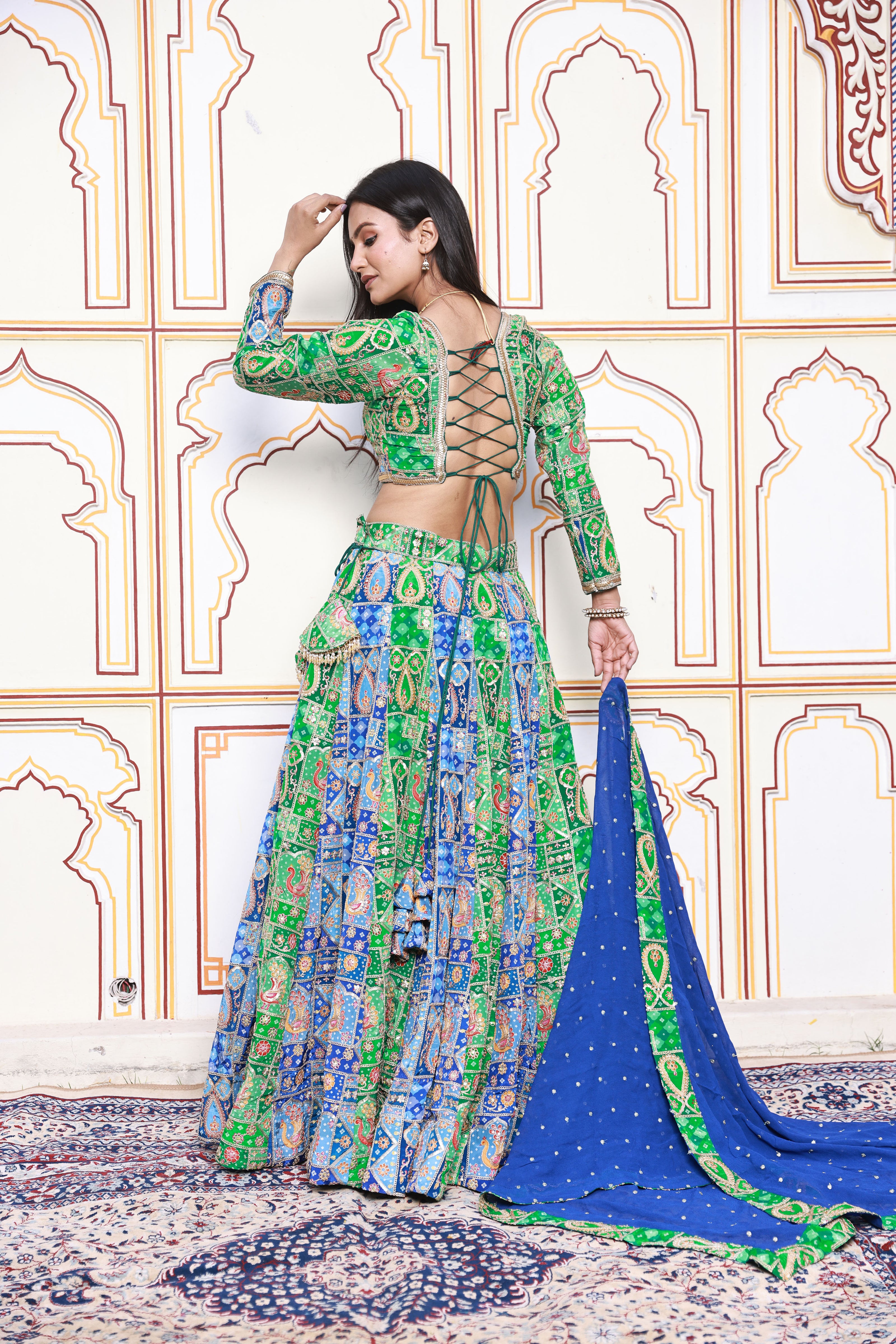 Green and Blue Embroidered Viscose Crepe Lehenga