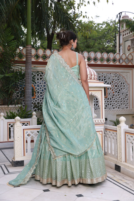 Mint Green Embroidered Raw Silk Lehenga