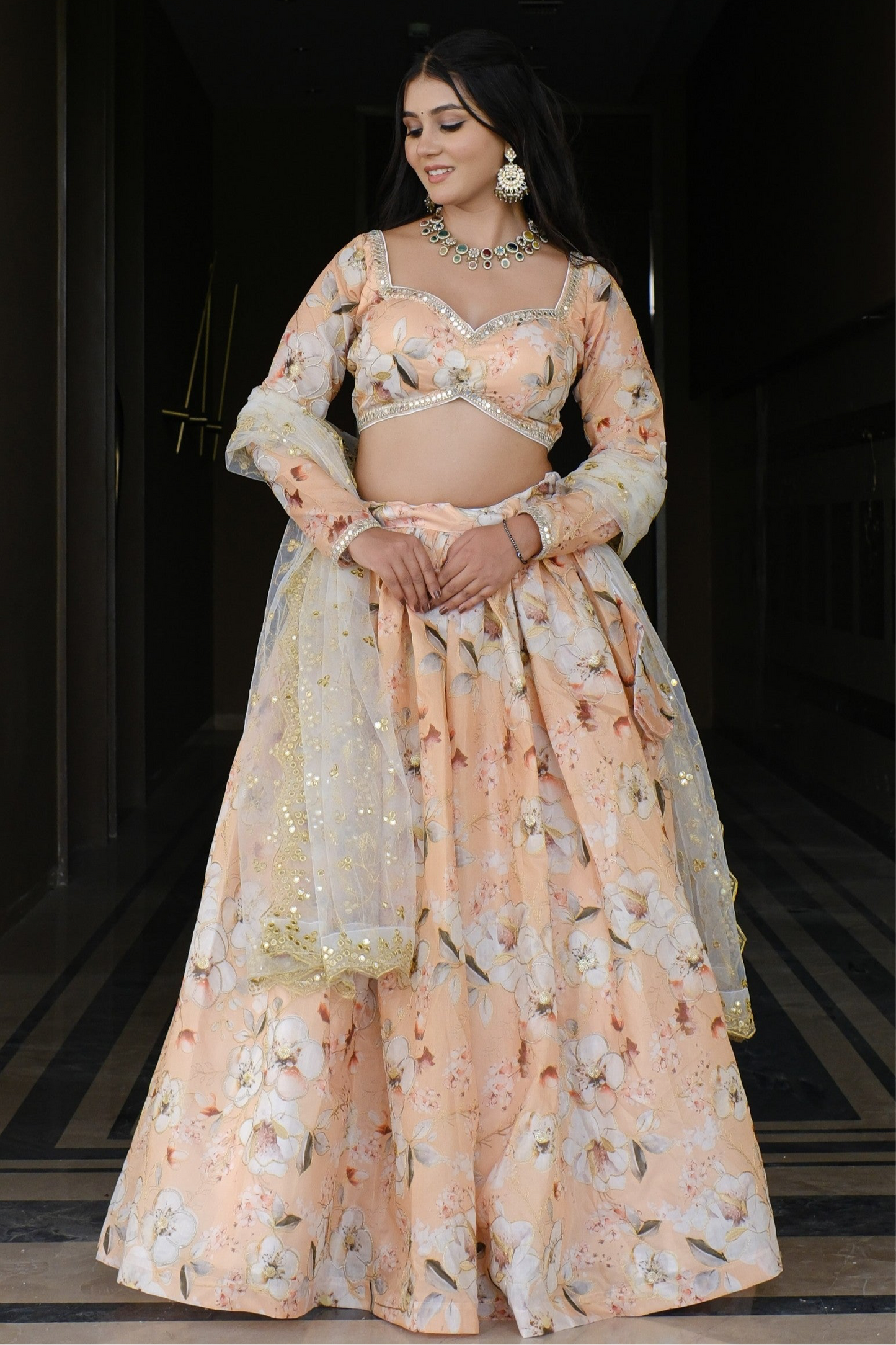 Peach Floral Embroidered Silk Lehenga
