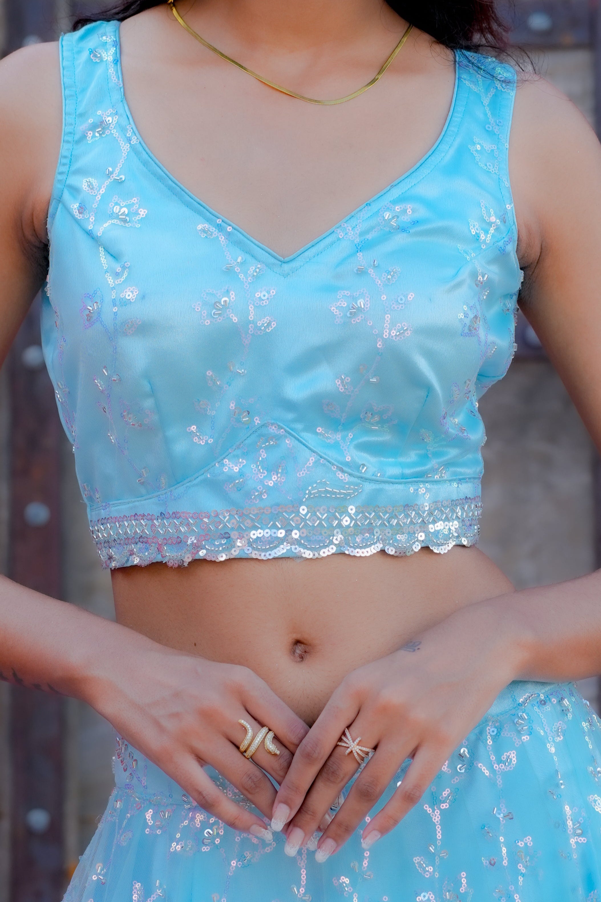 Light Blue Hand Embroidered Net Lehenga