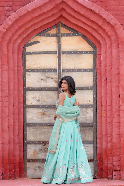 Mint Embroidered Silk Lehenga