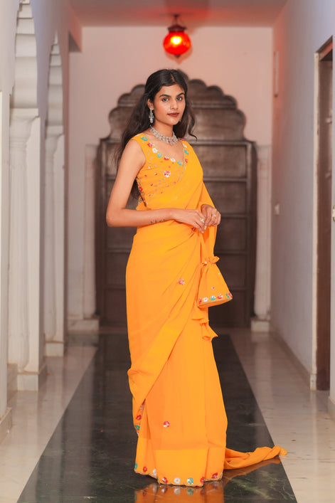 Orange Hand Embroidery Georgette Saree