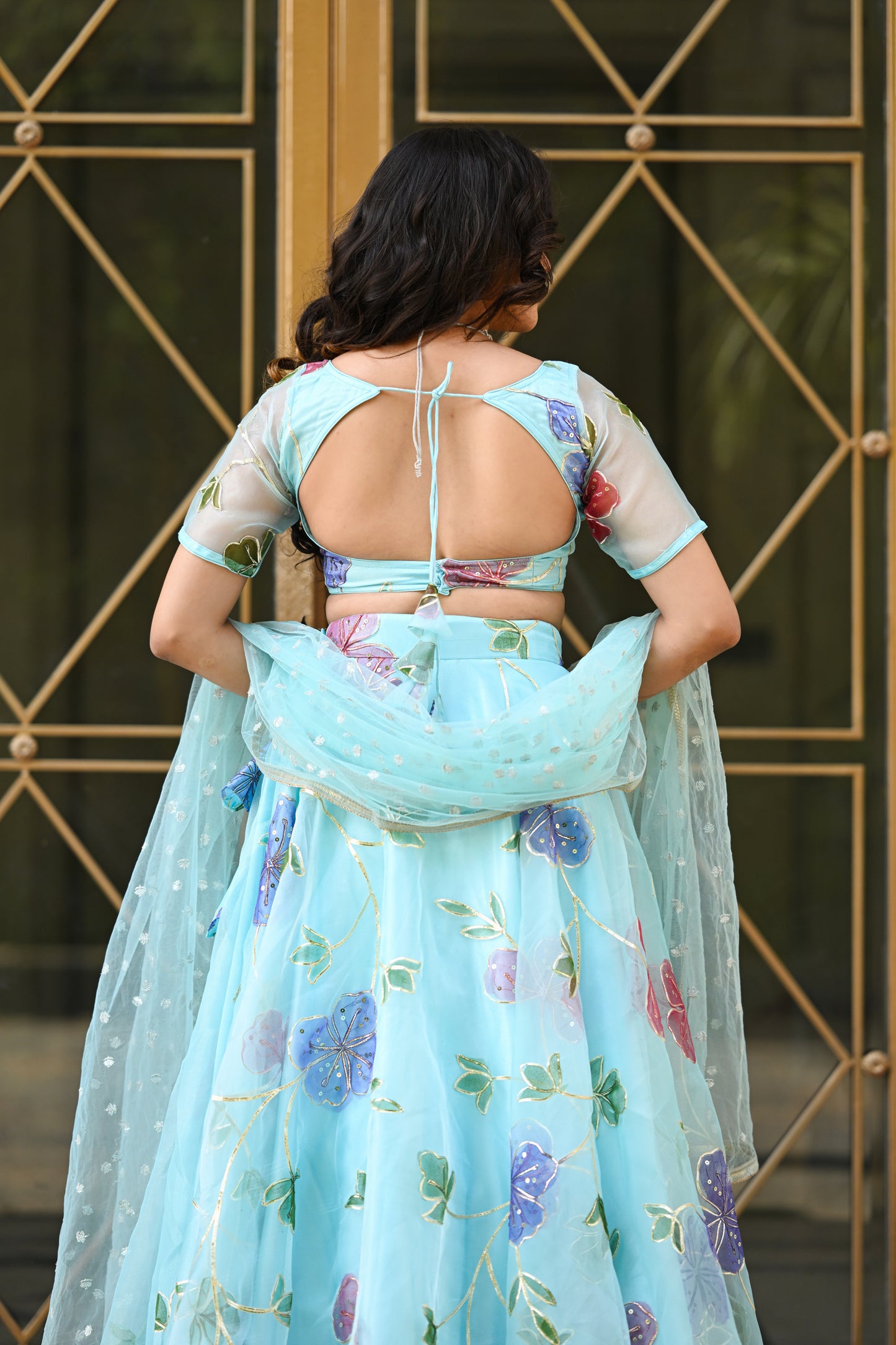 Light Blue Multicolor Floral Embroidered Organza Lehenga