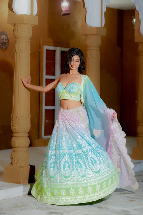 Multicolor Thread Embroidered Georgette Lehenga