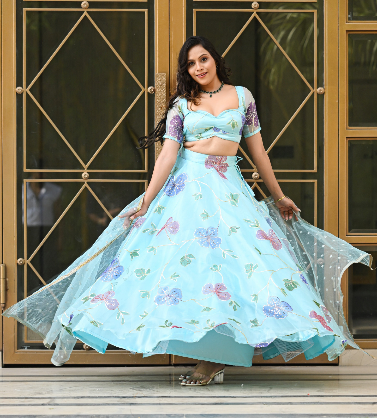 Light Blue Multicolor Floral Embroidered Organza Lehenga