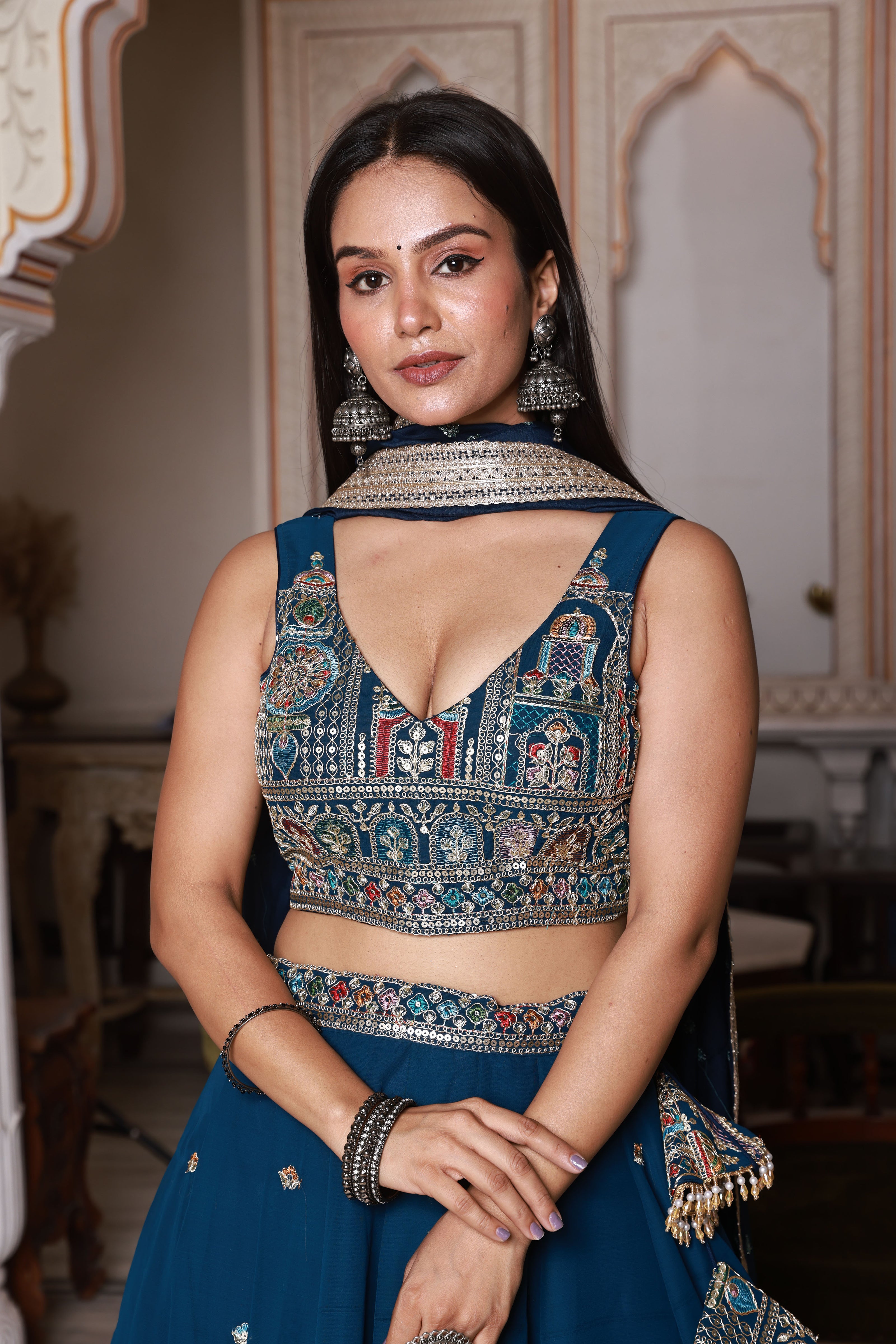 Navy Blue Embroidered Georgette Lehenga