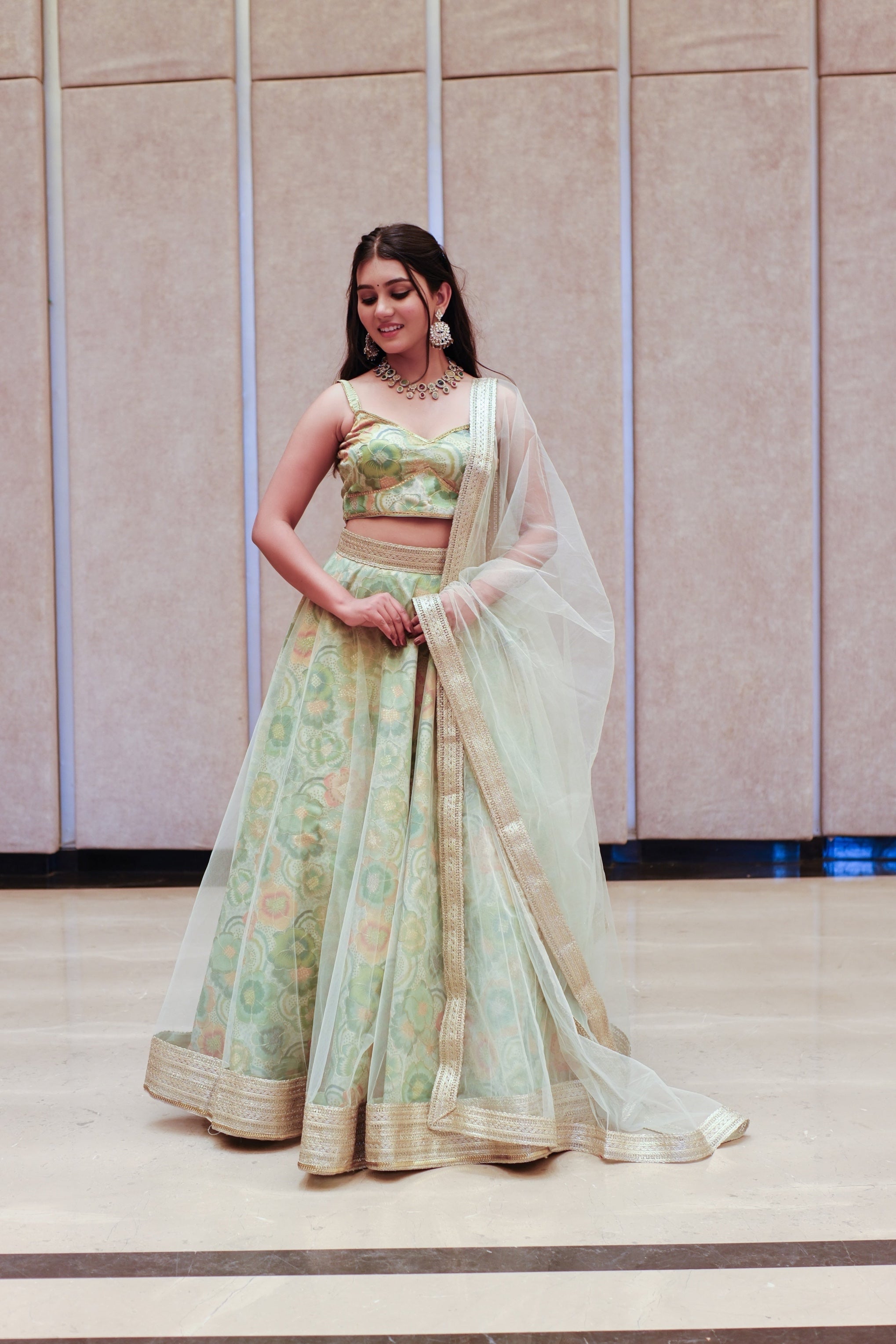 Mint Green Multicolor Floral Embroidered Net Lehenga