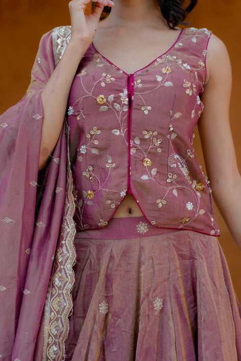 Purple Hand Embroidery Silk Lehenga