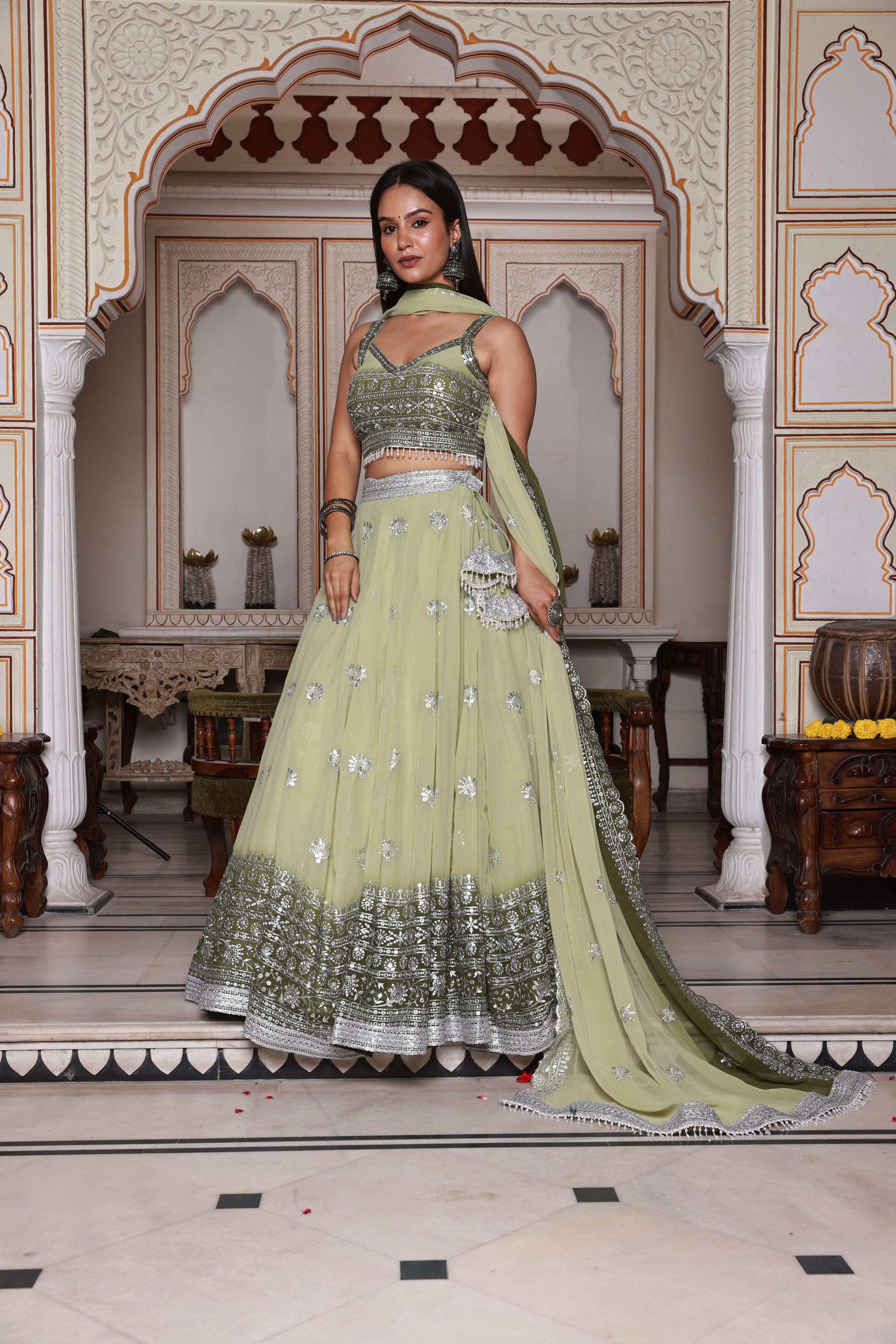 Light Green and Green Embroidered Georgette Lehenga