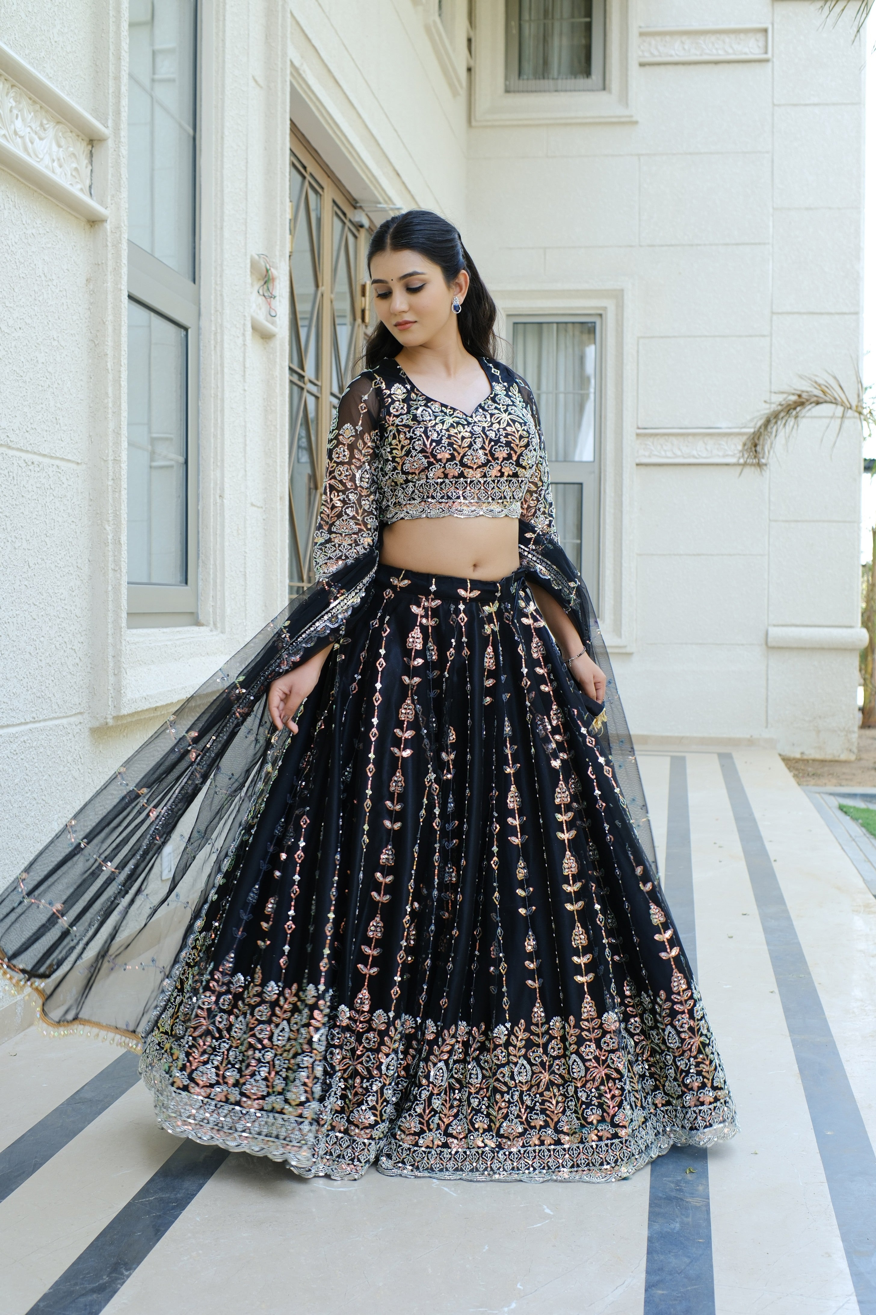 Black Midnight Bloom Sparkle Embroidered Net Lehenga