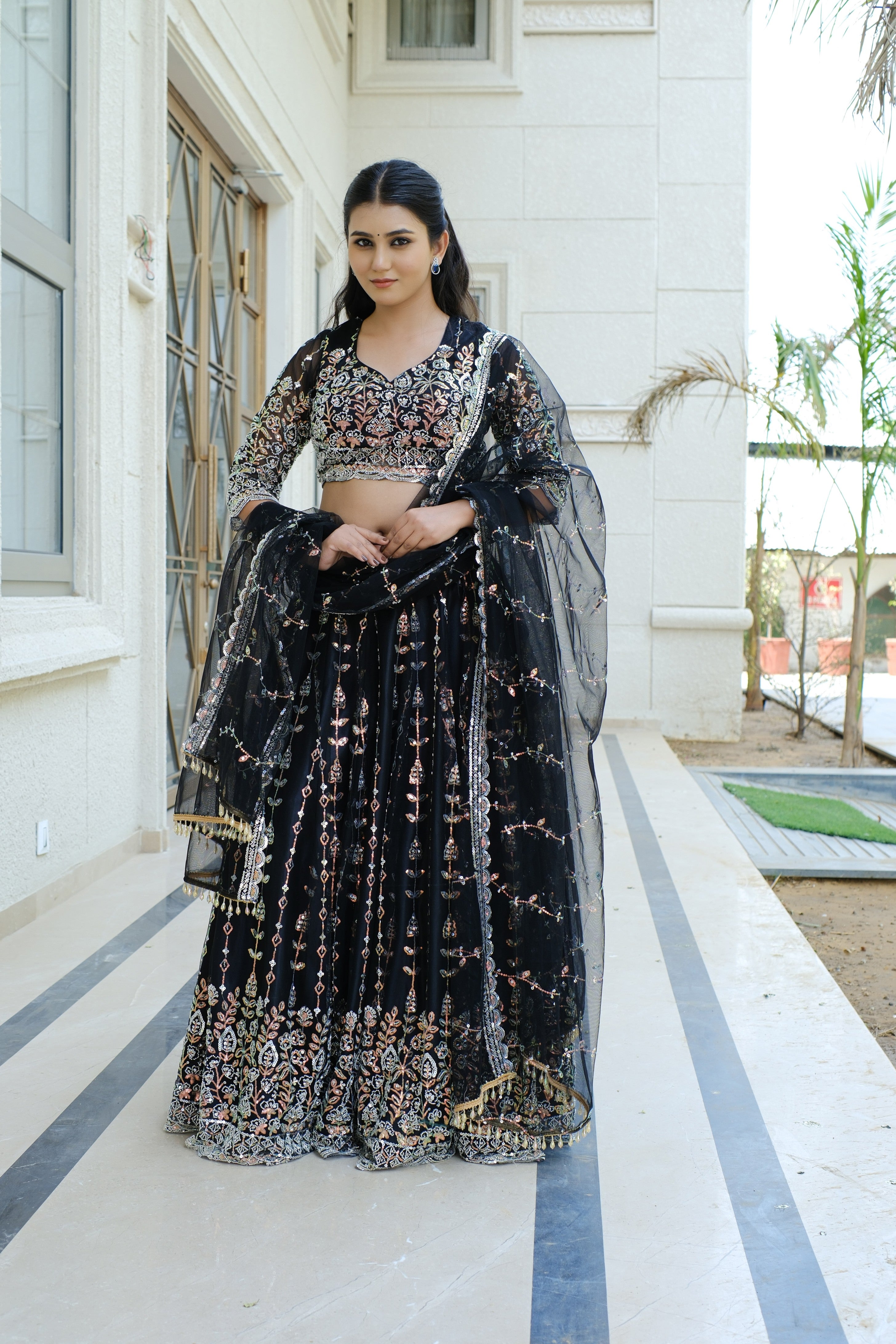 Black Midnight Bloom Sparkle Embroidered Net Lehenga