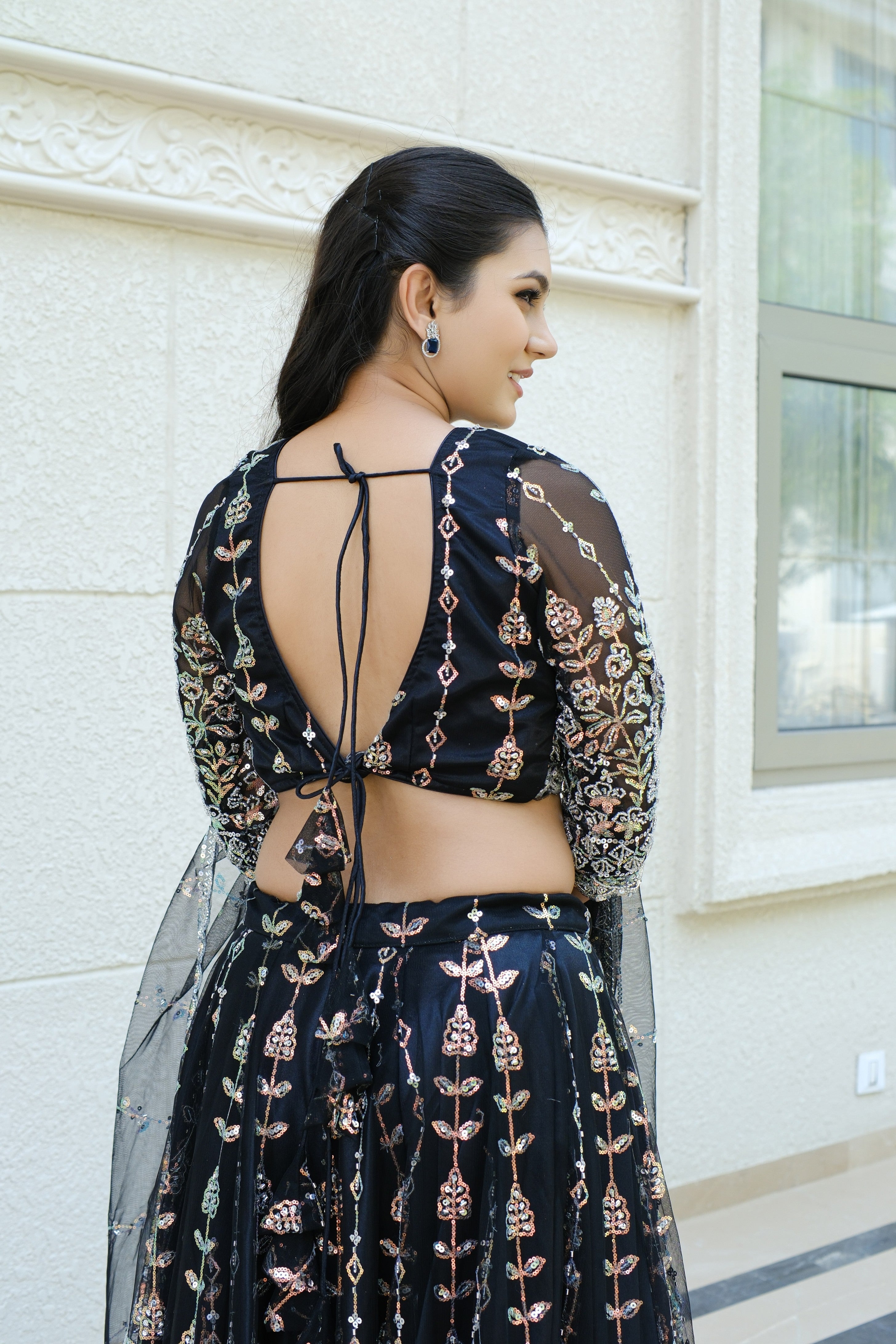 Black Midnight Bloom Sparkle Embroidered Net Lehenga