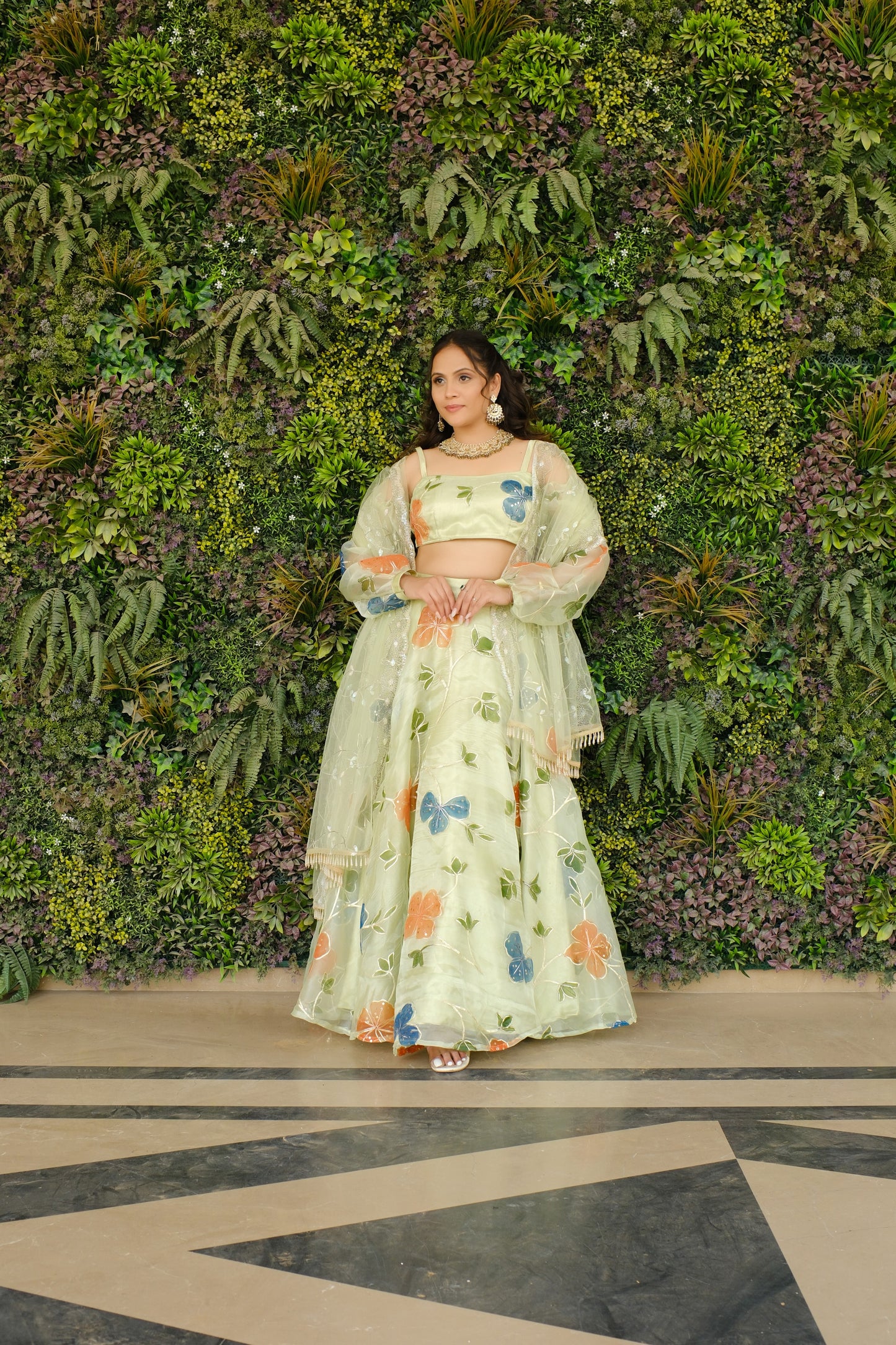 Light Green Multicolor Floral Embroidered Organza Lehenga and Detachable Sleeves