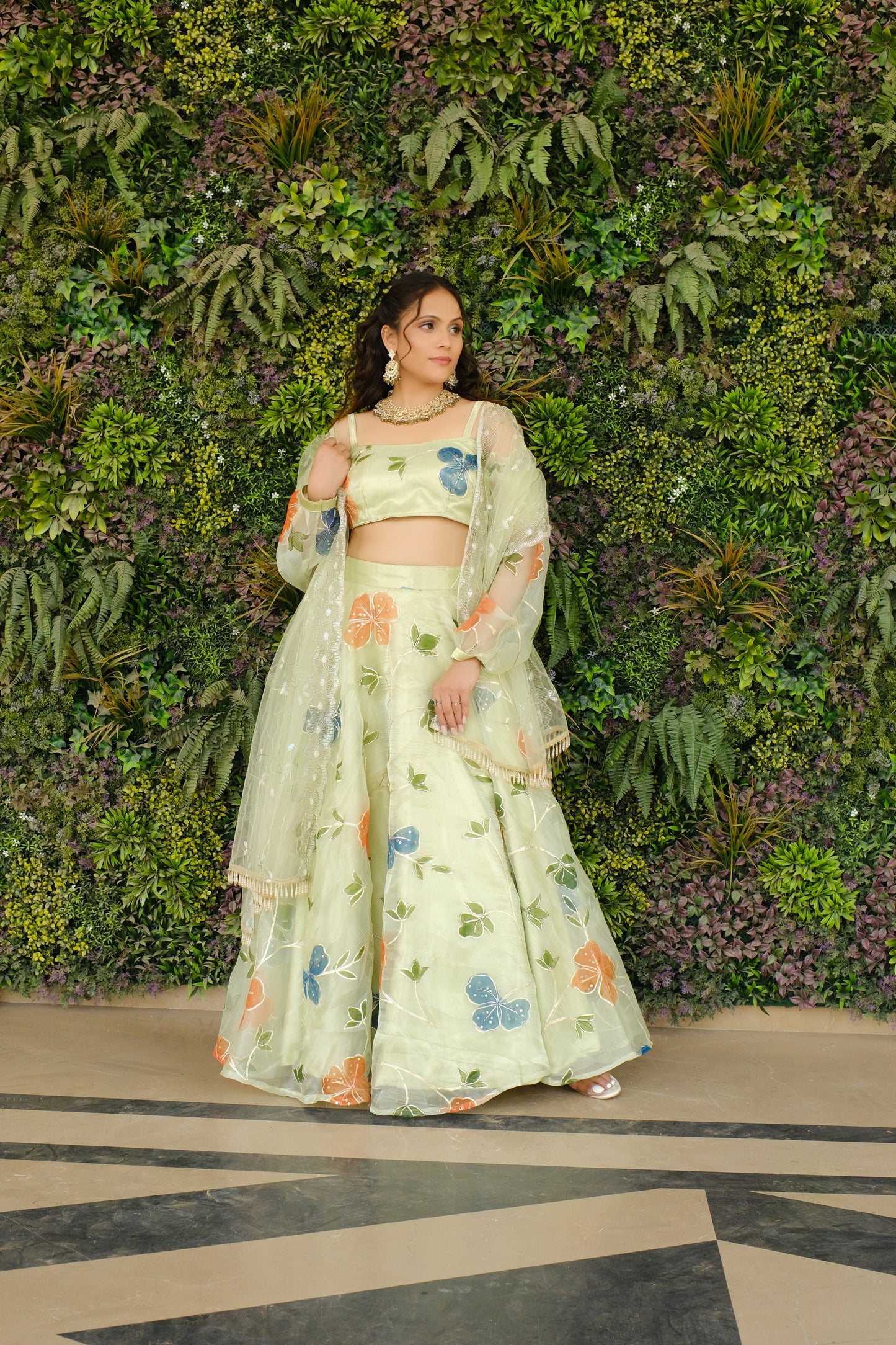 Light Green Multicolor Floral Embroidered Organza Lehenga and Detachable Sleeves