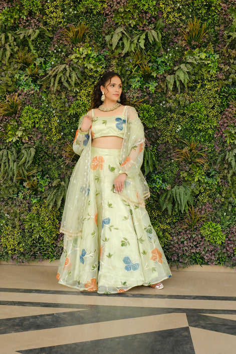 Light Green Multicolor Floral Embroidered Organza Lehenga and Detachable Sleeves