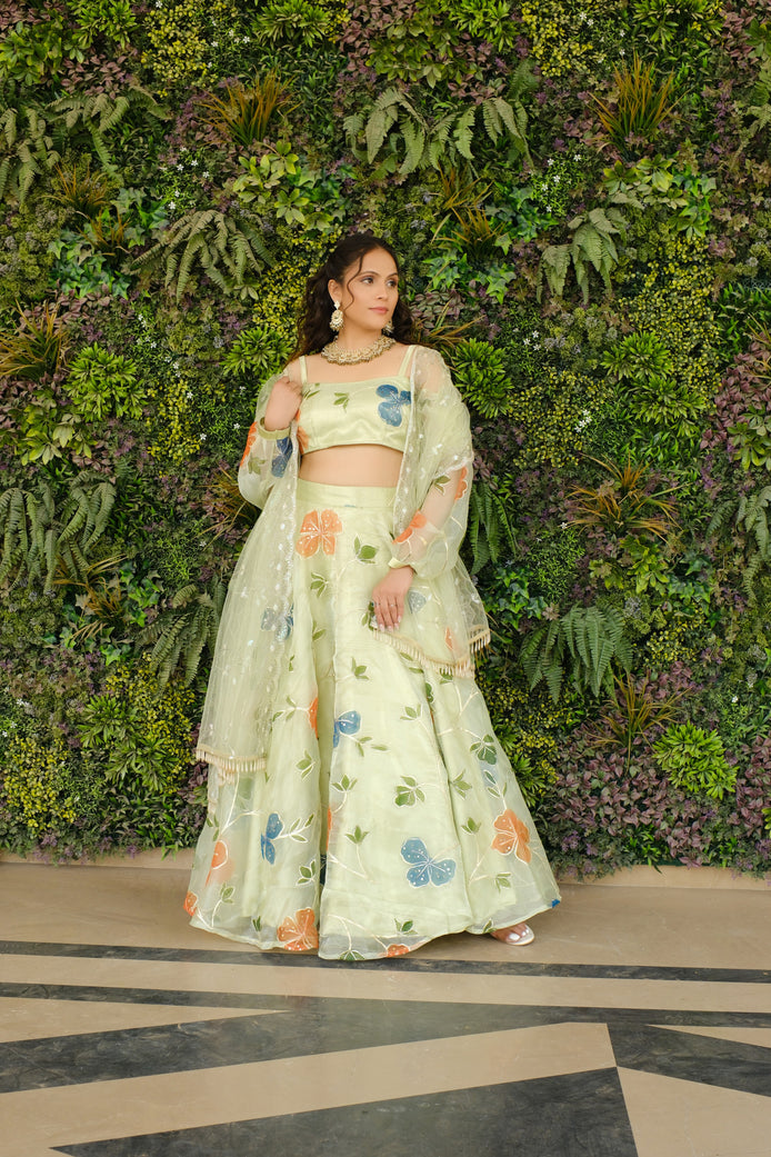Light Green Multicolor Floral Embroidered Organza Lehenga and Detachable Sleeves
