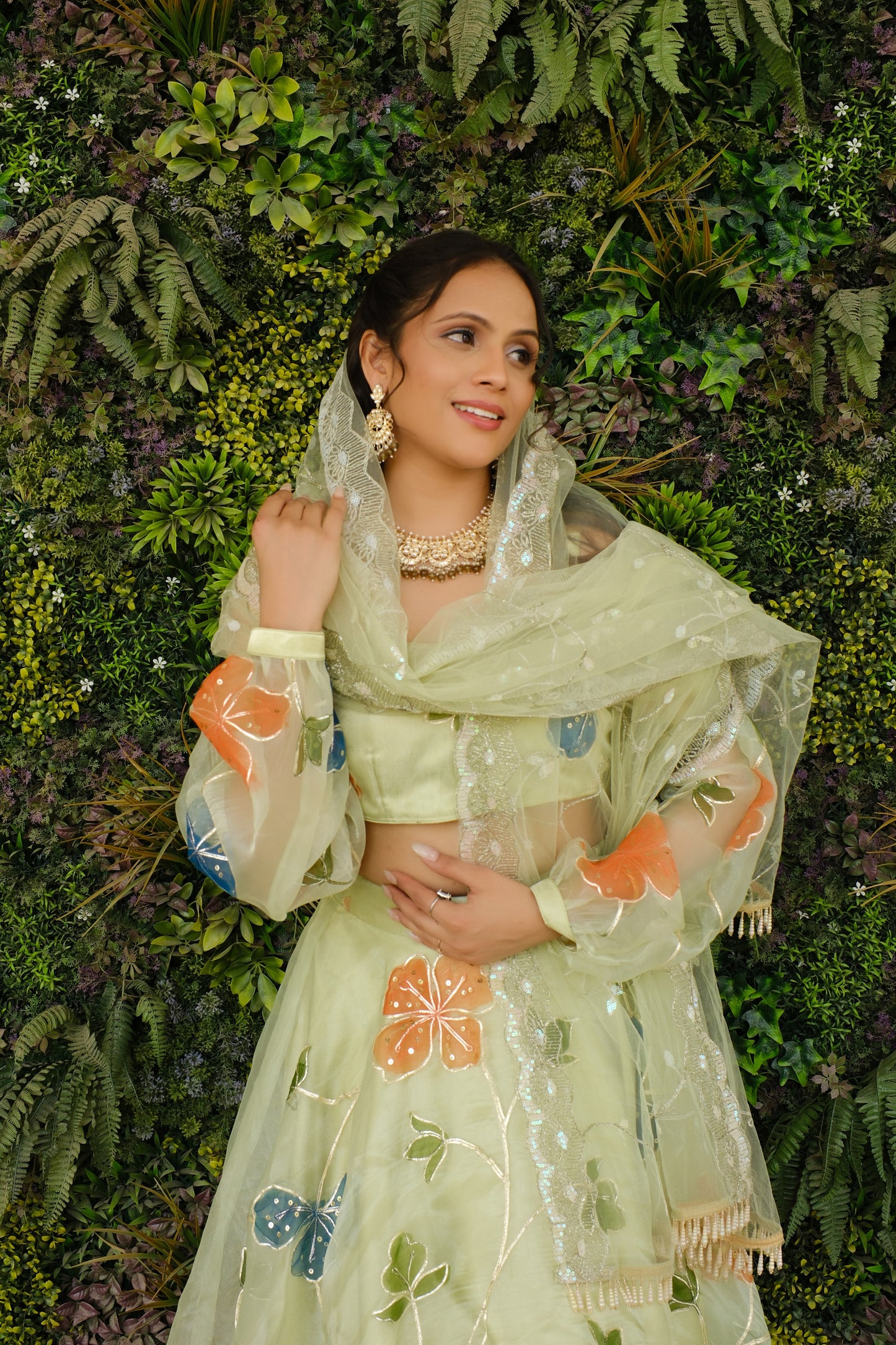Light Green Multicolor Floral Embroidered Organza Lehenga and Detachable Sleeves