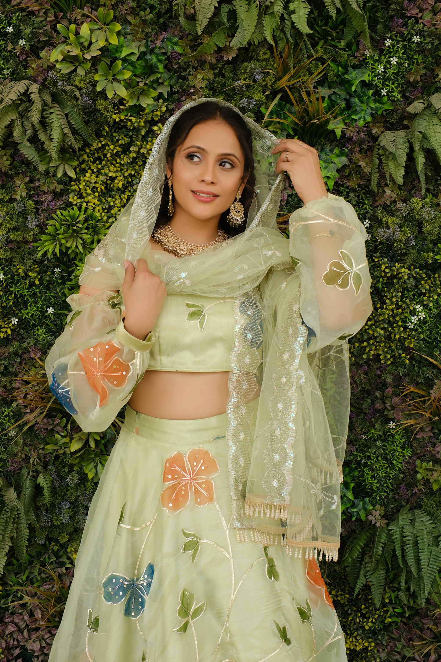Light Green Multicolor Floral Embroidered Organza Lehenga and Detachable Sleeves