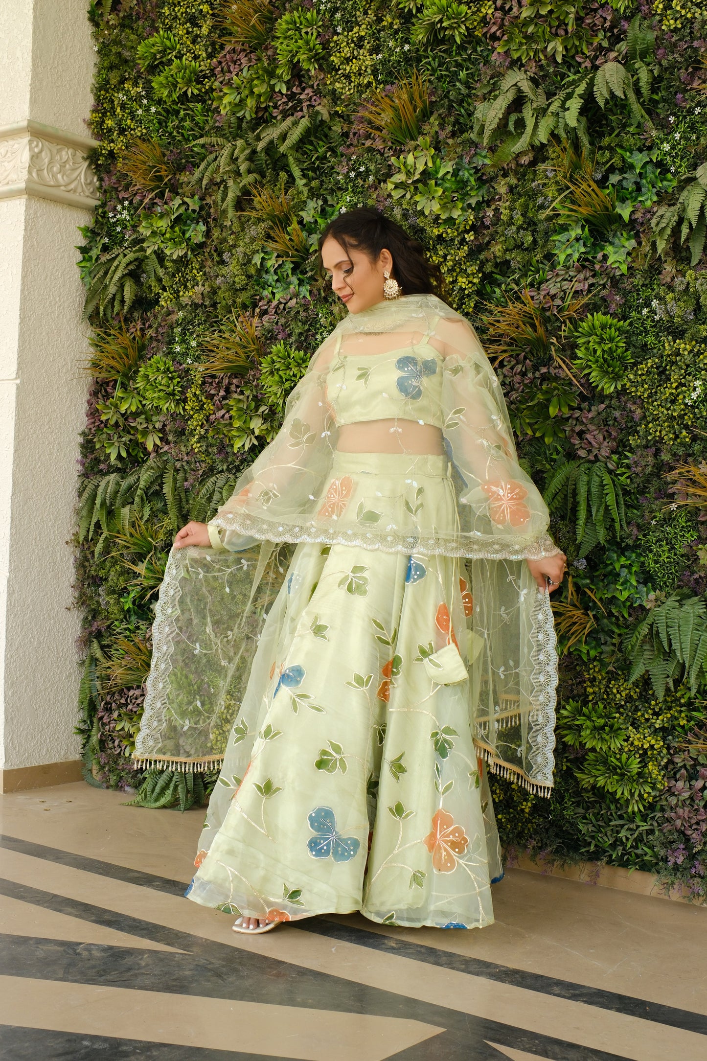Light Green Multicolor Floral Embroidered Organza Lehenga and Detachable Sleeves