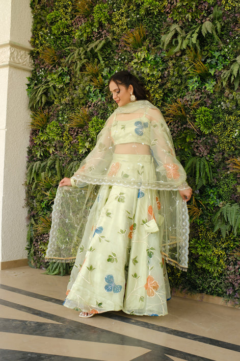 Light Green Multicolor Floral Embroidered Organza Lehenga and Detachable Sleeves