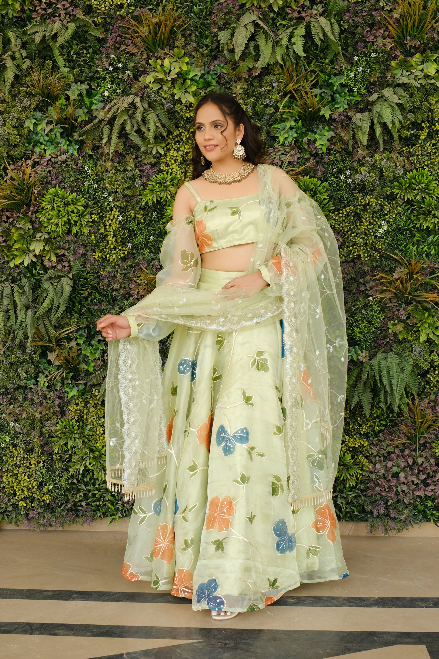 Light Green Multicolor Floral Embroidered Organza Lehenga and Detachable Sleeves